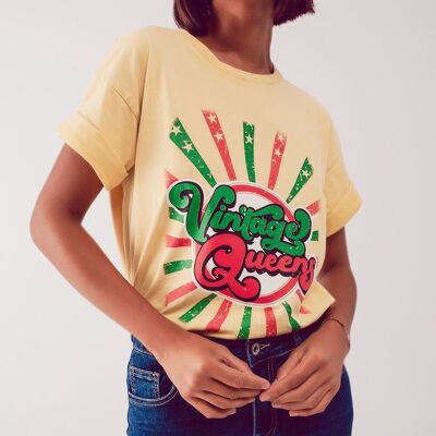 T-shirt comoda con stampa grafica gialla Vintage Queens