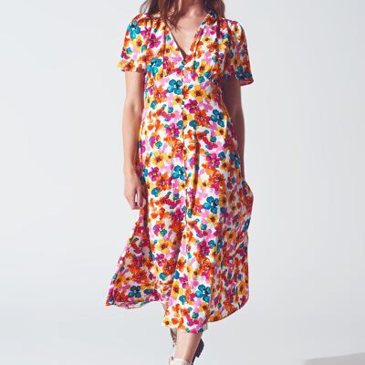 Robe mi-longue cintrée à la taille à imprimé floral multicolore
