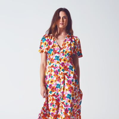 Midi Cinched In Wist Dress In Multicolot Floral Print