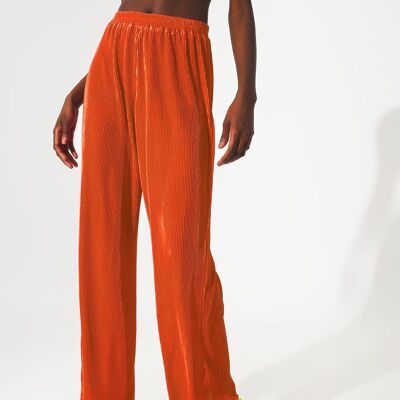 Pantaloni a gamba larga plissettati in raso di colore arancione