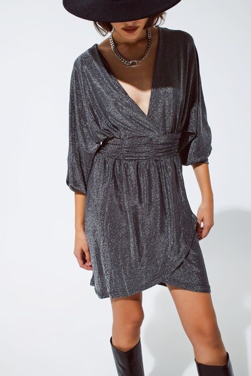 Mini length glitter dress with deep V neck in silver