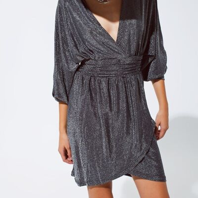 Mini length glitter dress with deep V neck in silver