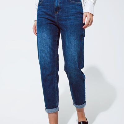 Mum Jean in Medium Wash With Folded Hem