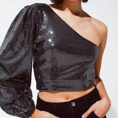 Party Cropped one shoulder top with glitter detail in silver