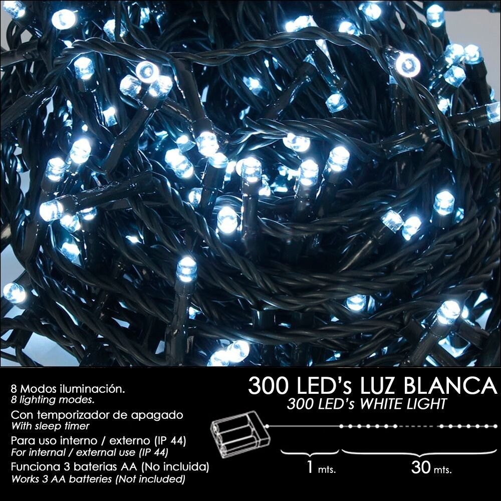 Lumières de Noël à Piles 300 Leds Lumière Blanche Intérieur / Extérieur (IP44)