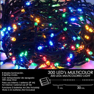 Lumières de Noël à Piles 300 Leds Multicolore Intérieur / Extérieur (IP44)
