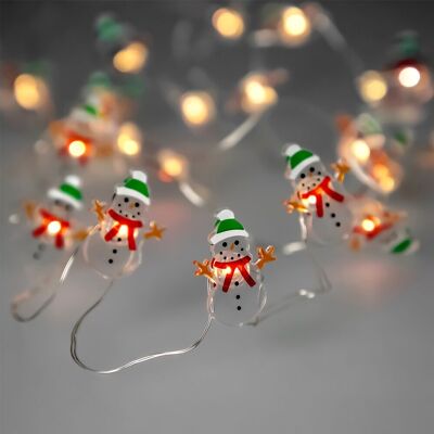 Guirlande de lumières de Noël à piles 20 bonhommes de neige LED. Lumière Chaude Usage Interne IP20