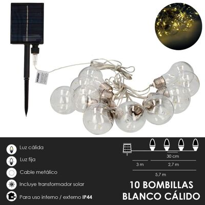 Guirlande Solaire 10 Ampoules / 50 Micro Leds Lumière Chaude. Batterie rechargeable Utilisation extérieure/intérieure Ip44