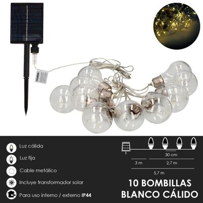 Solar Garland 10 Bulbs / 50 Micro Leds Warm Light. Rechargeable Battery Outdoor / Indoor Use Ip44