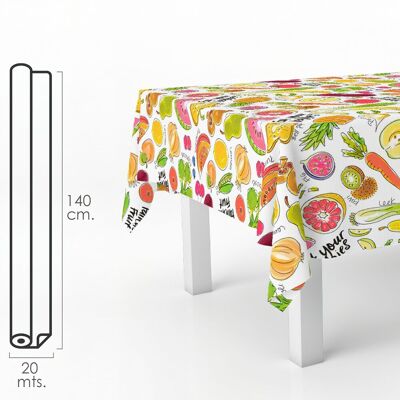 Fantasy Fruits Rectangular Oilcloth Tablecloth.  Waterproof Stain-Resistant PVC 140 cm.  x 20 meters.  Cuttable Roll. Interior and Exterior