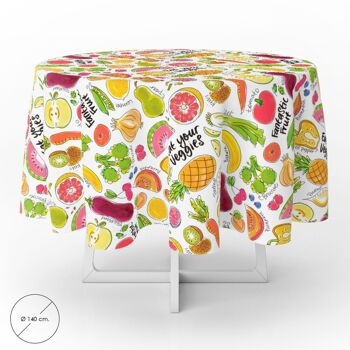 Nappe ronde en toile cirée "Fruits Fantaisie" imperméable et antitache en PVC "140 cm. Utilisation intérieure et extérieure