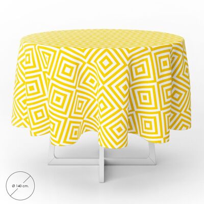 Round Oilcloth Tablecloth Yellow Diamonds Waterproof Stain-Resistant PVC "140 cm. Indoor and Outdoor Use
