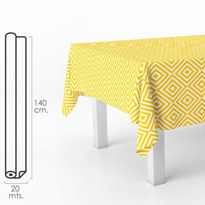 Rechteckige Wachstuch-Tischdecke mit gelbem Diamantmuster. Wasserdichtes, schmutzabweisendes PVC 140 cm. x 20 Meter. Schneidebare Rolle. Innen und außen