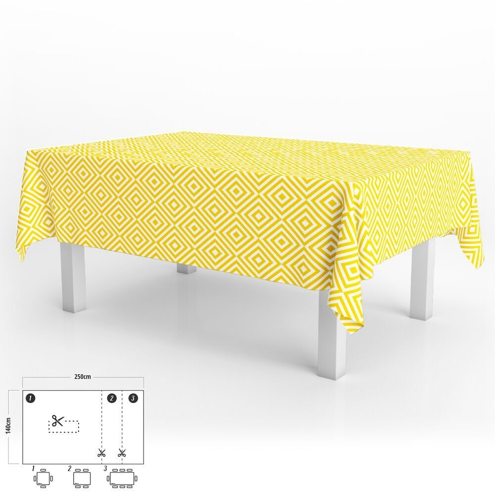 Tovaglia Rettangolare in Tela Cerata Giallo Diamante Impermeabile PVC Antimacchia 140x250 cm.  Tagliabile per uso interno ed esterno
