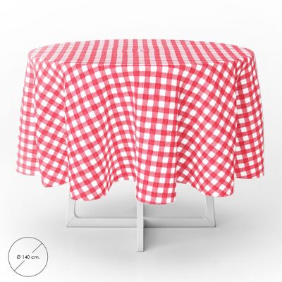Round Oilcloth Tablecloth Red Checkered Waterproof Stain-Resistant PVC "140 cm. Indoor and Outdoor Use