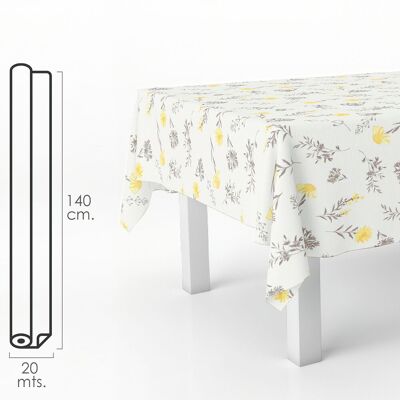 Rechteckige Wachstuch-Tischdecke mit gelben Blumen. Wasserdichtes, schmutzabweisendes PVC 140 cm. x 20 Meter. Schneidebare Rolle. Innen und außen