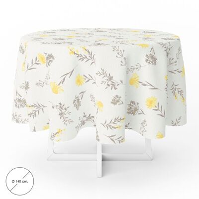 Round Oilcloth Tablecloth Yellow Flowers Waterproof Stain-Resistant PVC "140 cm. Indoor and Outdoor Use