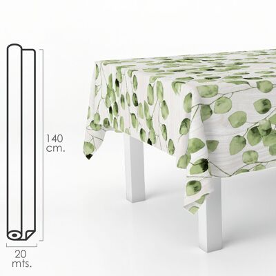 Rechteckige Wachstuch-Tischdecke mit grünen Blättern. Wasserdichtes, schmutzabweisendes PVC 140 cm. x 20 Meter. Schneidebare Rolle. Innen und außen