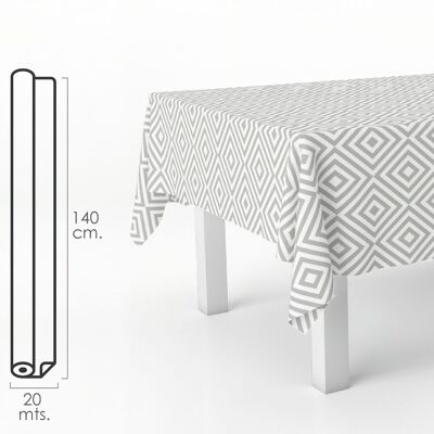 Rechteckige Wachstuch-Tischdecke mit Rautenmuster in Grau. Wasserdichtes, schmutzabweisendes PVC 140 cm. x 20 Meter. Schneidebare Rolle. Innen und außen