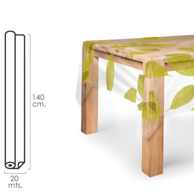 Rechteckige Wachstuch-Tischdecke, transparente Blätter. Wasserdichtes, schmutzabweisendes PVC 140 cm. x 20 Meter. Schneidebare Rolle. Innen und außen