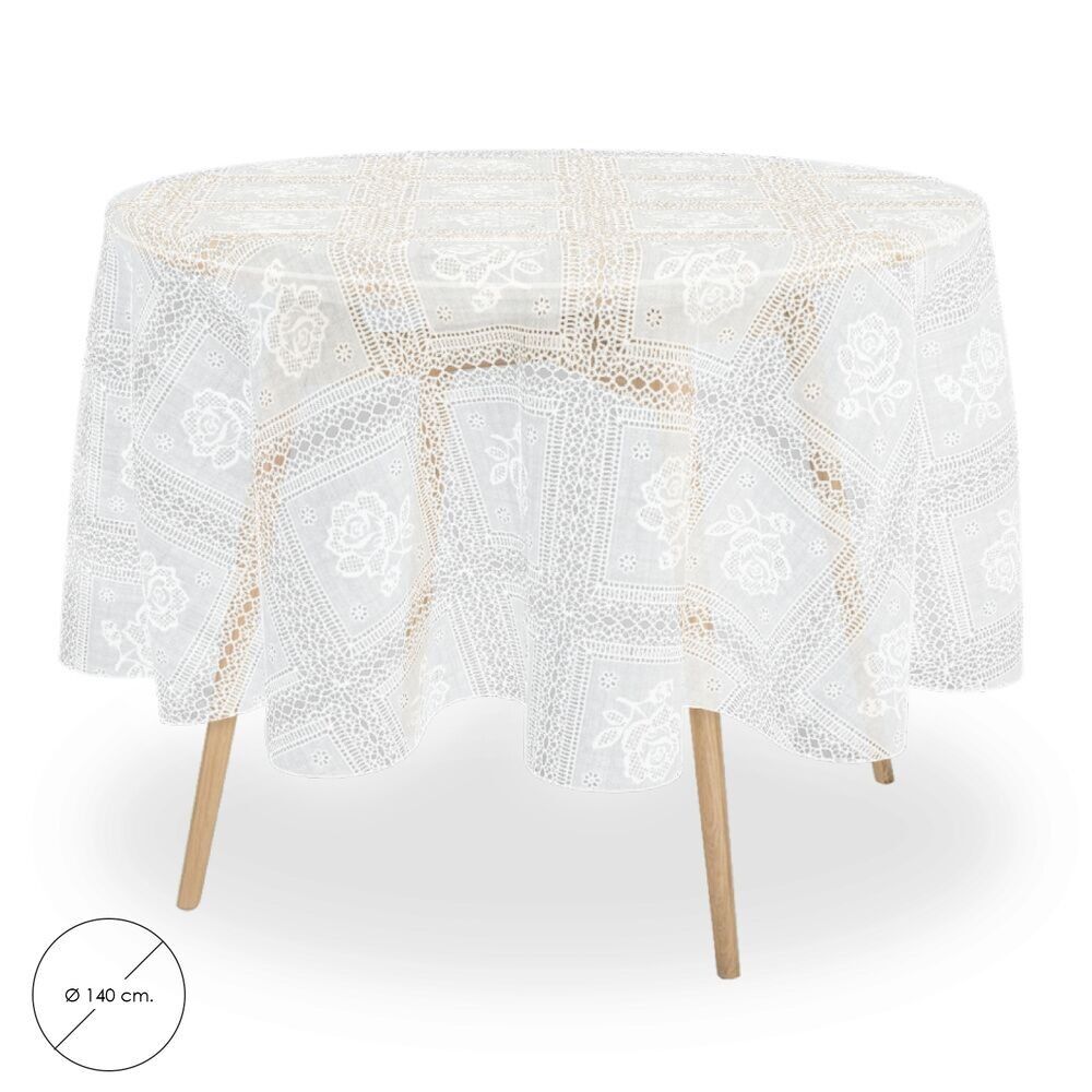 Round Oilcloth Tablecloth Embroidered Transparent Waterproof Stain-Resistant PVC "140 cm. Indoor and Outdoor Use
