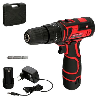 12 V Screwdriver Drill.  With 2 Speeds and Striker.  Battery 1.300mAh.  Tightening torque 35 Nm.