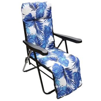 Chaise de plage rembourrée, structure en acier inclinable 5 positions avec repose-pieds, chaise multiposition, chaise avec accoudoirs