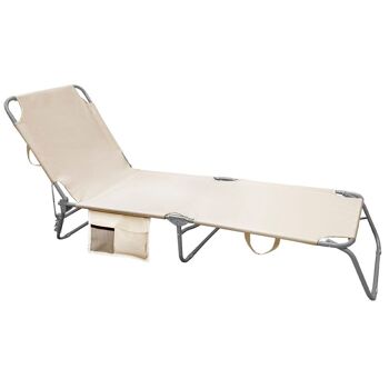 Lit transat de plage en acier avec poches. Beige. Fauteuil inclinable 3 positions, Transat de jardin, Transat de piscine.