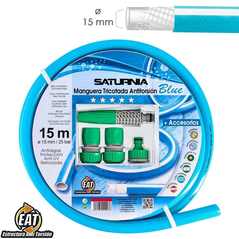 Manguera Tricotada No Torsion Blue " 15 mm. Rollo 15 metros. Con Accesorios,   Manguera Anti Torsion,  Manguera Sin Dobleces,
