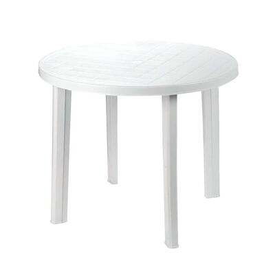 Tisch aus weißem Kunstharz, Durchmesser 90 cm.