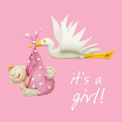 Cigogne - Carte nouveau-né bébé fille