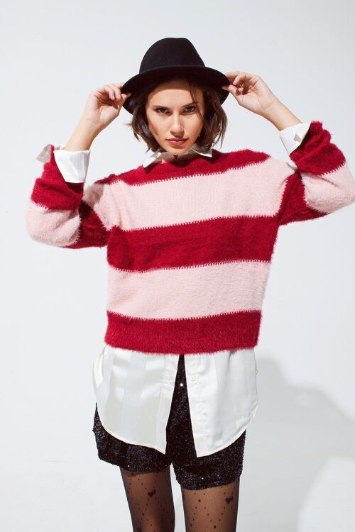 Pink sweater with stripes and a crew neck