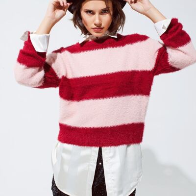 Pink sweater with stripes and a crew neck