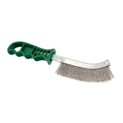 Spazzola in acciaio inox manico verde 25 cm.  Spazzola per rimozione ruggine, vernice, lucidatura metalli.