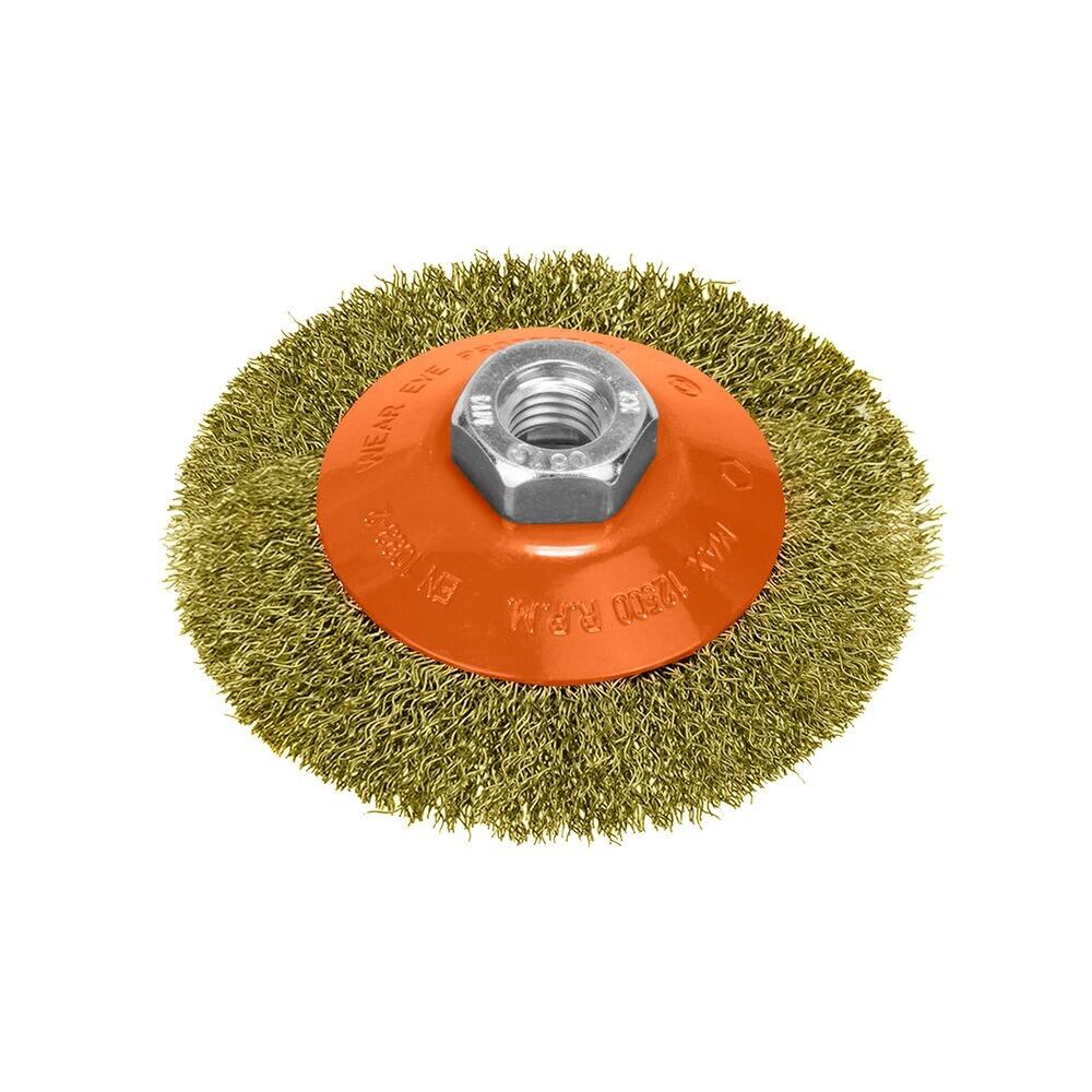 Oblique Brush With Brass-Plated Steel Wire, M14 Thread, "100 mm.  0.30 mm wire.