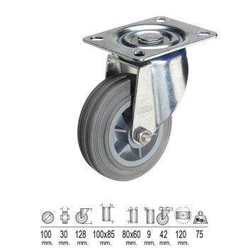 Plaque de roue industrielle en caoutchouc gris 100 mm.