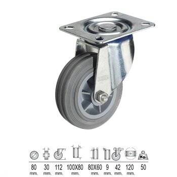 Plaque de roue industrielle en caoutchouc gris 80 mm
