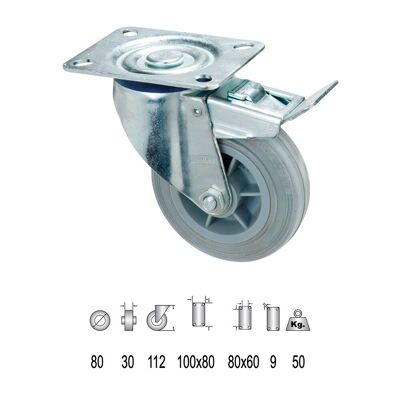Gray Rubber Industrial Wheel Plate with brake 80mm
