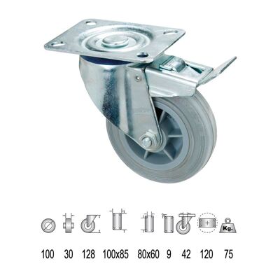 Gray Rubber Industrial Wheel Plate with brake 100 mm.
