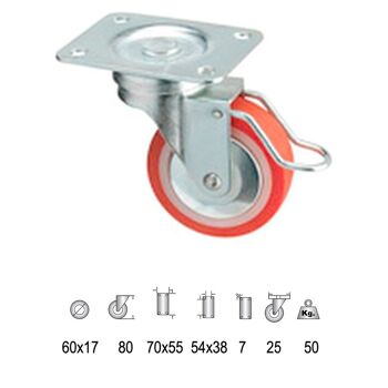 Roue en polyuréthane avec frein 60 mm.