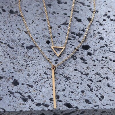 Double golden chain necklace with triangle and bar