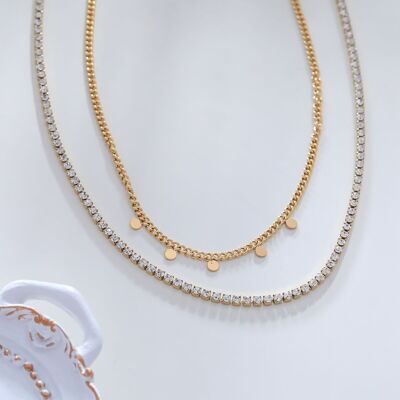 Double chain necklace with rhinestones and round tassel chain