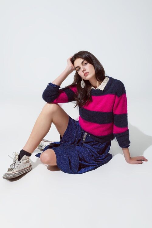 Purple and blue sweater with stripes and a crew neck