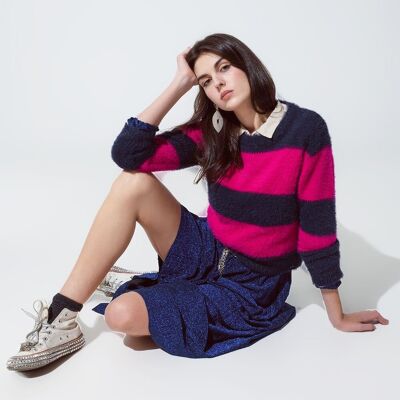 Purple and blue sweater with stripes and a crew neck