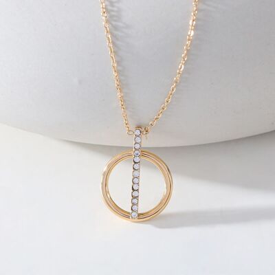 Gold chain necklace with round pendant and rhinestone bar