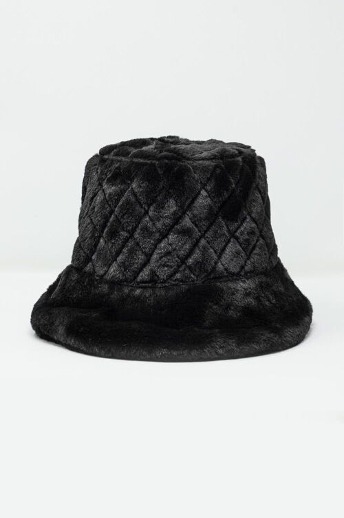 Quilted Bucket Hat In Black Faux Fur