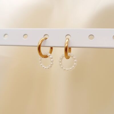 Mini gold hoop earrings with circle of pearls