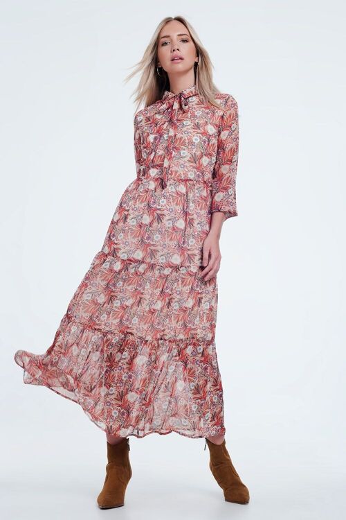 Red floral sheer layered midi shirt dress