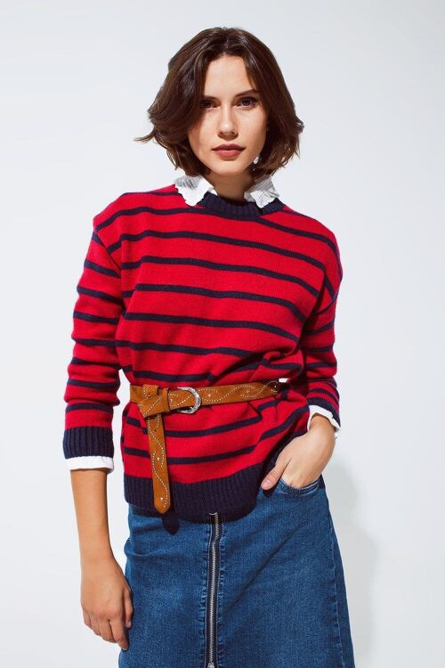 Red sweater with blue stripes and a white crew neck