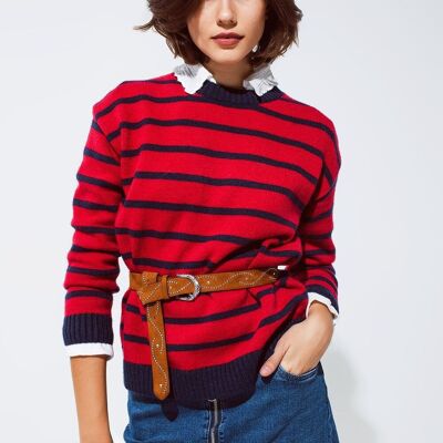 Red sweater with blue stripes and a white crew neck